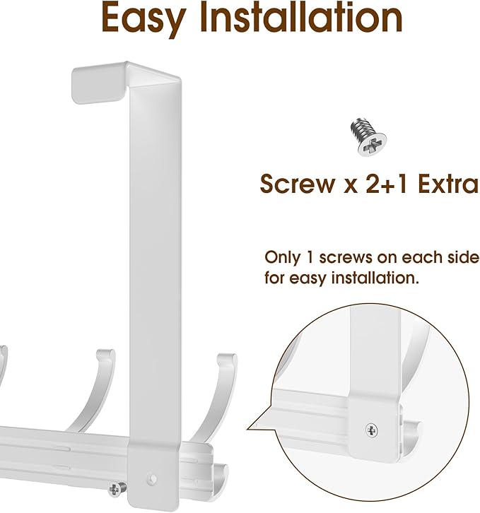CHAUNCEY HOME Over The Door Hooks Hanger with Extended Arms, Fit 1 3/8" Door, Tool-Free Assembly, F7U, Towel Rack Organizer Holder - Glossy White
