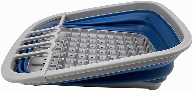 SAMMART 8 litres (2.11Gallons) Collapsible Plastic Dish Drainer - Foldable Drying Rack - Portable Dinnerware Organizer - Space Saving Kitchen Storage Tray (Grey/Mist Blue (Set of 2))