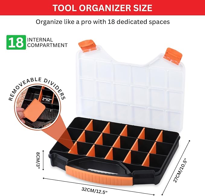 Andalus Tools Organizer Box, Small Parts Storage 18-Compartment Portable Hardware Organizer Removable Plastic Dividers for Screws, Nuts, Bolts, Nails – Orange (1 Pack, 12.75" x 10" x 1.75")