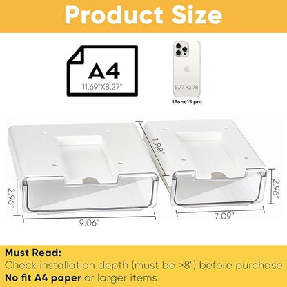 2 Pack Under Desk Hanging Drawer Slide Pull Out, Attachable Clear Acrylic Storage Tray, Easy Hidden Self Adhesive Mount Cabinet Shelf Holder for Tables, Home & Office, Counters, Workstation
