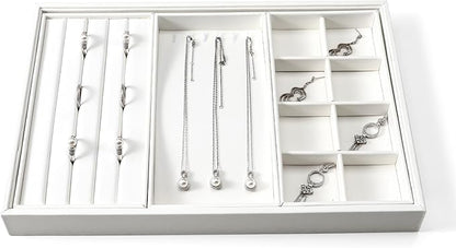 4 In 1 Leather Jewelry Trays Jewelry Drawer Organizer Tray Stackable Jewelry Trays Necklace Bracelet Ring Earring Organizer Tray(White)