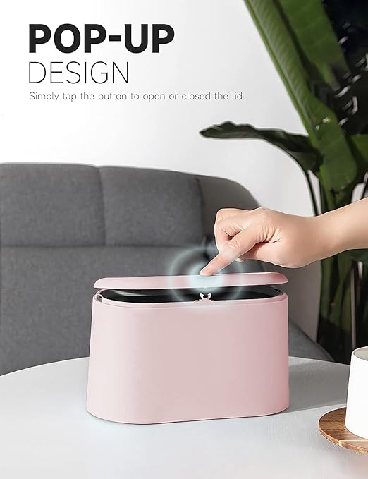Mini Trash Can with Lid Removable Small Garbage Can, Tiny Plastic Trash Bin, Pop Up Countertop Wastebasket, Counter Garbage Lint Bin for Bathroom,Office,Kitchen,Desk,Coffee Table(Pink)