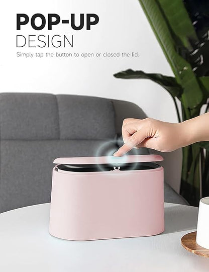 Mini Trash Can with Lid Removable Small Garbage Can, Tiny Plastic Trash Bin, Pop Up Countertop Wastebasket, Counter Garbage Lint Bin for Bathroom,Office,Kitchen,Desk,Coffee Table(Pink)