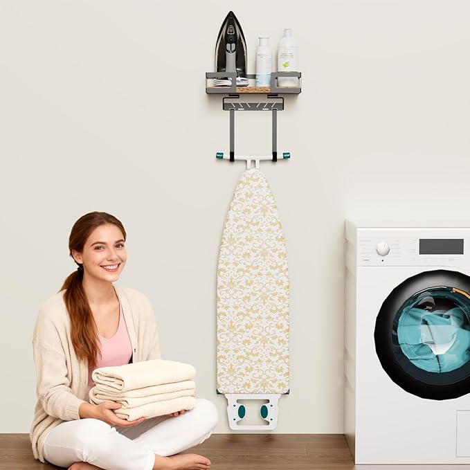 Ironing Board Holder Wall Mount, Heavy-Duty Metal Ironing Board Hanger with Hooks, Space-Saving Storage Rack for Laundry Room, Garage or Door, Black