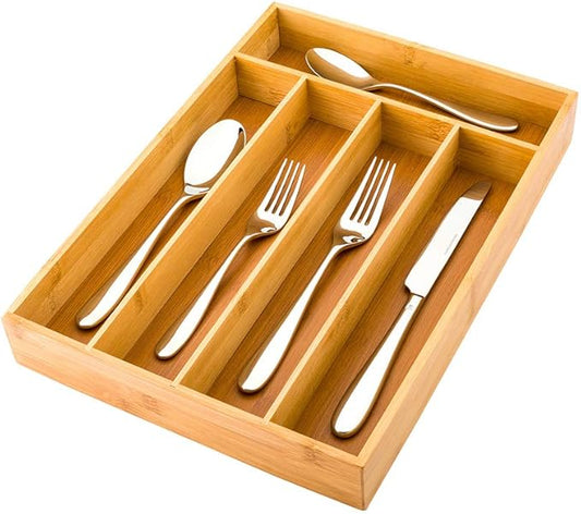 Restaurantware 13 x 10 x 1.9 Inch Silverware Tray 1 Durable Cutlery Tray - 5 Compartments Shatterproof Natural Bamboo Utensil Tray Chip-Resistant For Knives Forks And Spoons