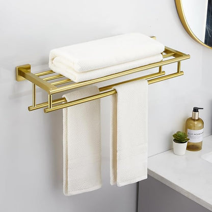 Bathroom Towel Rack with Double Towel Bar Bathroom Hotel Shower Shelf SUS304 Stainless Steel Modern Wall Mounted Holder 28 Inch Brushed Gold