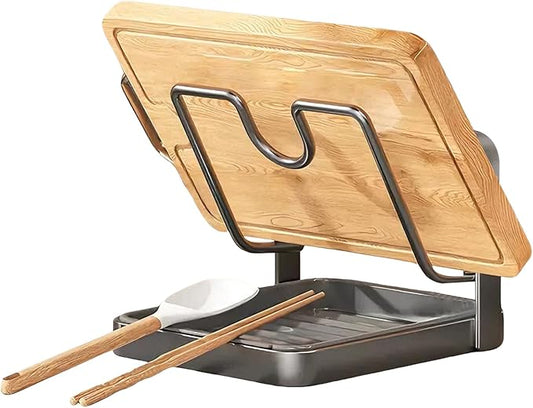 Pot Lid Organizer and Holder, Kitchen Countertop Storage Rack with Removable Drip Tray & Spoon Rest, 1-Tier Space-Saving Stand for Pots and Pans Lids