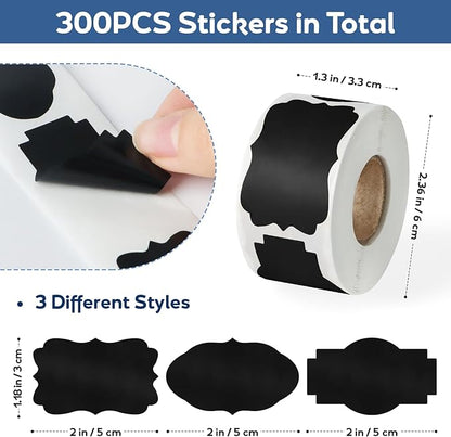 300PCS Chalkboard Labels 2x1.2 Inch - Reusable Writable Stickers for Mason Jars, Bottles, Pantry & Gift Wrapping (Blackboard Style, Self-Adhesive, 3 Designs)