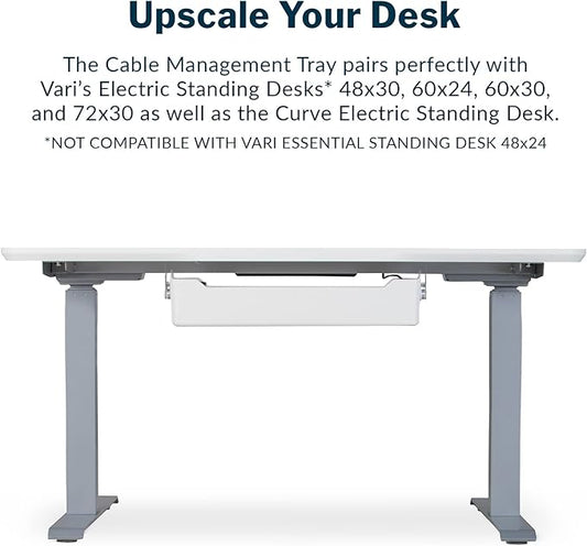 Vari Cable Management Tray - Under Desk Cord & Wire Organizer - Ideal for Home Office Sit Stand Desks - Fits Adjustable Electric Standing Desk 48x30, 60x30, 60x24, 72x30 - Easy Assembly (White)