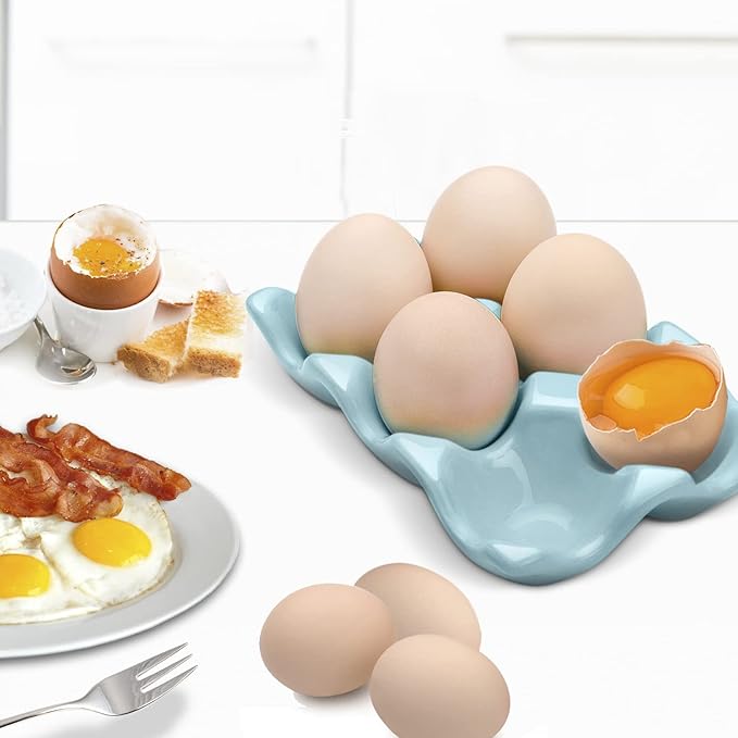 Flexzion Porcelain Egg Crate - 6-Egg Capacity Ceramic Egg Tray, Half Dozen Egg Holder for Fridge, Countertop Display - Blue Decorative Serving Dish and Storage Organizer, 2 Pack