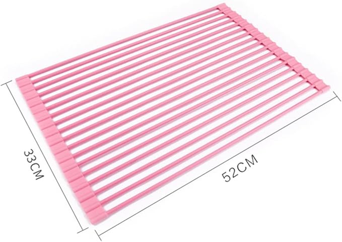 Pezixueran Roll Up Dish Drying Rack Over The Sink.Foldable Kitchen Drainer,Fully Silicone Cover Stainless Steel Bar,Heat-Resistant, Anti-Slip Sink Rack for Kitchen Counter Multipurpose.