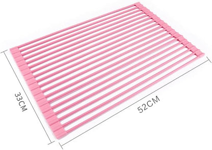 Pezixueran Roll Up Dish Drying Rack Over The Sink.Foldable Kitchen Drainer,Fully Silicone Cover Stainless Steel Bar,Heat-Resistant, Anti-Slip Sink Rack for Kitchen Counter Multipurpose.
