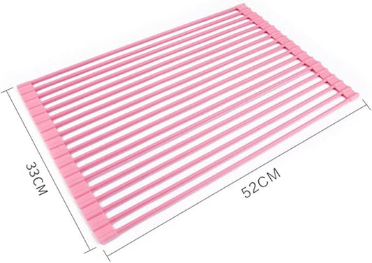 Pezixueran Roll Up Dish Drying Rack Over The Sink.Foldable Kitchen Drainer,Fully Silicone Cover Stainless Steel Bar,Heat-Resistant, Anti-Slip Sink Rack for Kitchen Counter Multipurpose.