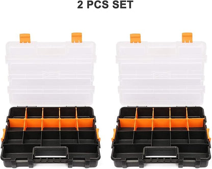 Makitoyo Tool Box Organizers, Interlocking Black Small Parts Organizer for Fasteners, Parts and Crafts w/Removable Dividers, 2 Pieces Pack, Black & Orange,15”L×11.6”W×2.6”H