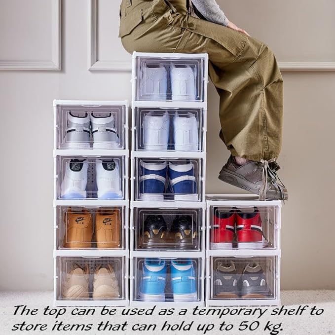 FUYUN Plastic Shoe Organizer - Stackable and Foldable 6-Tier Shoe Boxes for Closet, Clear and Space-Saving Sneaker Containers, No Assembly Required