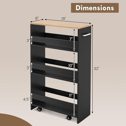 LOKO 4-Tier Rolling Storage Cart, 8 Inches Slim Kitchen Cart on Wheels with Open Shelves & Handle, Laundry Room Cart Between Washer and Dryer, for Bathroom Next to Fridge (Black & Natural)