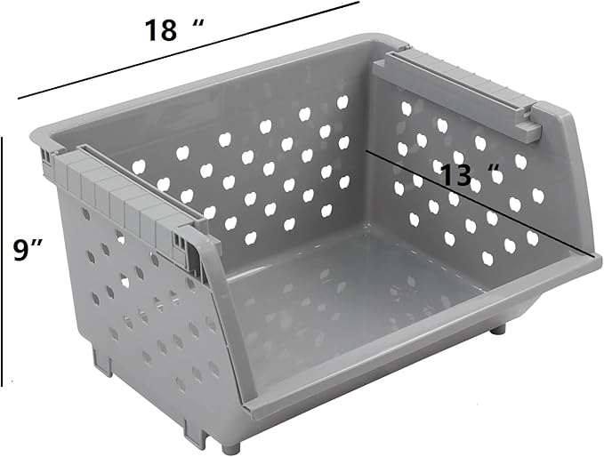 3 Pack Stacking Open Front Storage Bins, Gray Stackable Pantry Basket Plastic