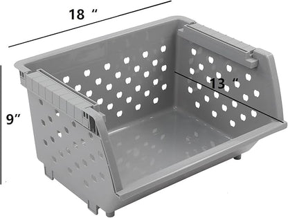 3 Pack Stacking Open Front Storage Bins, Gray Stackable Pantry Basket Plastic