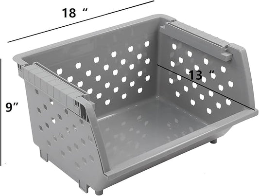 3 Pack Stacking Open Front Storage Bins, Gray Stackable Pantry Basket Plastic