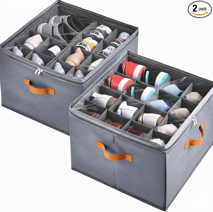 Yagizaai 2 Pack Shoe Organizer for Closet, Foldable Storage Box with Adjustable Dividers, Holds 32 Pairs, Oxford & PP Board, Stackable Gray Bin with Clear Cover and Leather Handles, 17x17x12 inch