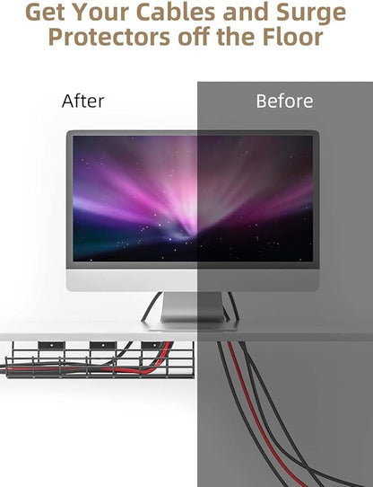2 Pack DELAMU Under Desk Cable Management Tray, Large Metal Cord Organizer, Office & Home Cord Wire Management Under Desk Shelf, Easy Install Pre-drilled Cable Organizer, Black