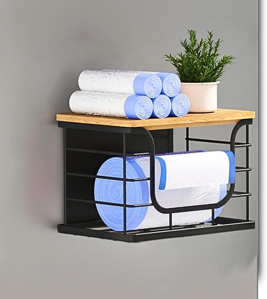Ofiray-home Magnetic Shelf for Fridge Trash Bag Storage, 1 Pack Stackable Garbage Bag Holder with Bamboo Lid, Magnetic Storage Bin for Refrigerator, Under Sink, Kitchen Pantry Organization – Black