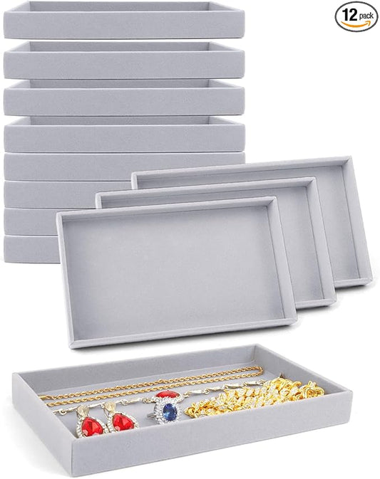 Velvet Jewelry Trays, 12pcs Stackable Jewelry Trays Velvet Tray, Jewelry Drawer Organizer Inserts Jewelry Display Tray For Necklace Earring Ring Bracelet,8.26 x 4.92 x 0.98 Inches