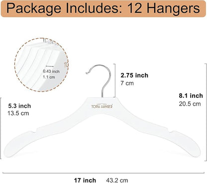 TOPIA HANGER Wooden Coat Hangers 12 Pack, Premium Wood Suit Sweater No Shoulder Bump Hangers, 360° Swivel Hook and Cut Notches Clothes Hangers for Sweater, Coat, Shirts, Hoodies, Dress, White CT84W
