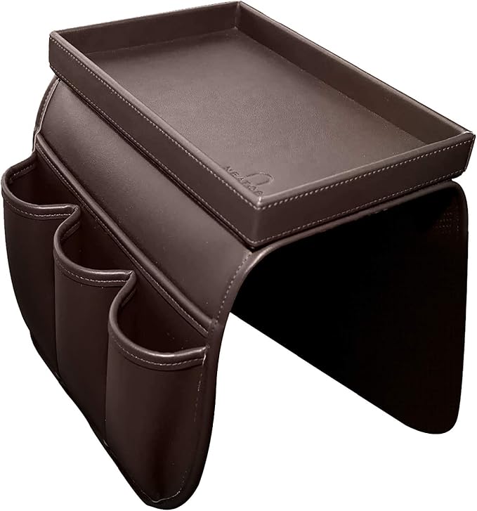 U NEATOPA Couch Remote Caddy Control Holder Sofa Organizer with Detachable Wooden Snack Tray for Recliner Mattresses Chair Armrests with 4 Slots - 1 Large Pockets and 3 Small Pockets (Brown)