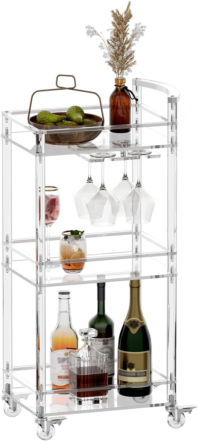 Eglaf Small Acrylic Bar cart - 3 Tier Home Bar Cart Rolling Serving Cart with 4 Lockable Wheels, Glass Holders, Handle, for Living Room, Kitchen, Bedroom, Bar, 15.6" L x 11.6" W x 35" H