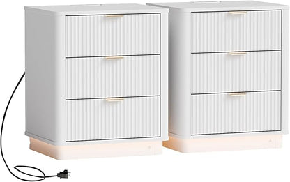 BONITURE Fluted Night Stand Set of 2, Curved Nightstands with Charging Station Lighting, Wood End Table with 3 Drawers, Modern Side Table Storage Cabinet for Bedroom Office,(2, White)