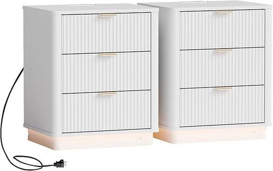BONITURE Fluted Night Stand Set of 2, Curved Nightstands with Charging Station Lighting, Wood End Table with 3 Drawers, Modern Side Table Storage Cabinet for Bedroom Office,(2, White)