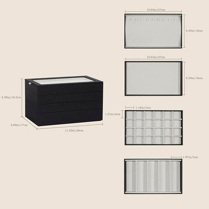 Stackable Jewelry Organizer Trays with Glass Lid,Jewelry Tray for Drawer Insert,Jewelry Display Case for Earring Necklace Ring Watch Bracelet,Black PU Leather Gray Velvet Lining,4 Layers