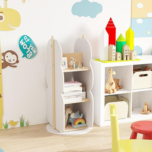 Costzon Kids Rotating Bookshelf, 3-Tier Small Book Shelf w/12 Sectors, 360° Display Spinning Bookshelf Tower, Wooden Revolving Bookcase for Kid's Room, Living Room, Daycare, Small Spaces (White)