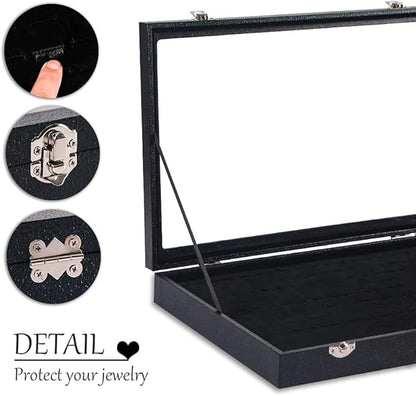 Ring Holder Organizer Box, Jewelry Display Case, Earring Necklace Storage Tray With Top Glass Lid (Black, 100 Slots)