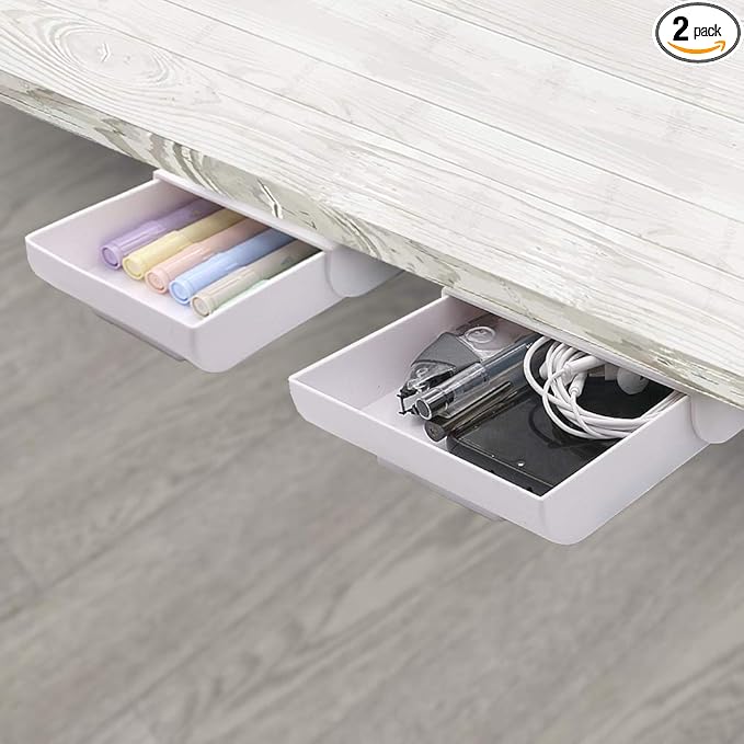 YOOUSOO 2 Pack Under Desk Storage Drawer Organizer, Hidden Slide Out Drawer Attachment, with Self - Adhesive Feature for Desktop and Table Organization, Hidden Under Desk