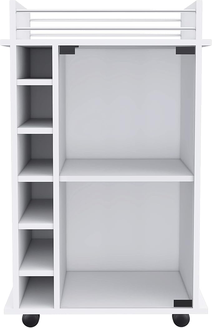 Mobile Bar Cart with Glass Door Cabinet, 6 Wine Bottle Storage Cubbies, Carbon Espresso Finish, 35" H x 21.6" W Bar Serving Cart with Wheels (White)