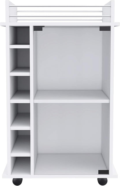 Mobile Bar Cart with Glass Door Cabinet, 6 Wine Bottle Storage Cubbies, Carbon Espresso Finish, 35" H x 21.6" W Bar Serving Cart with Wheels (White)