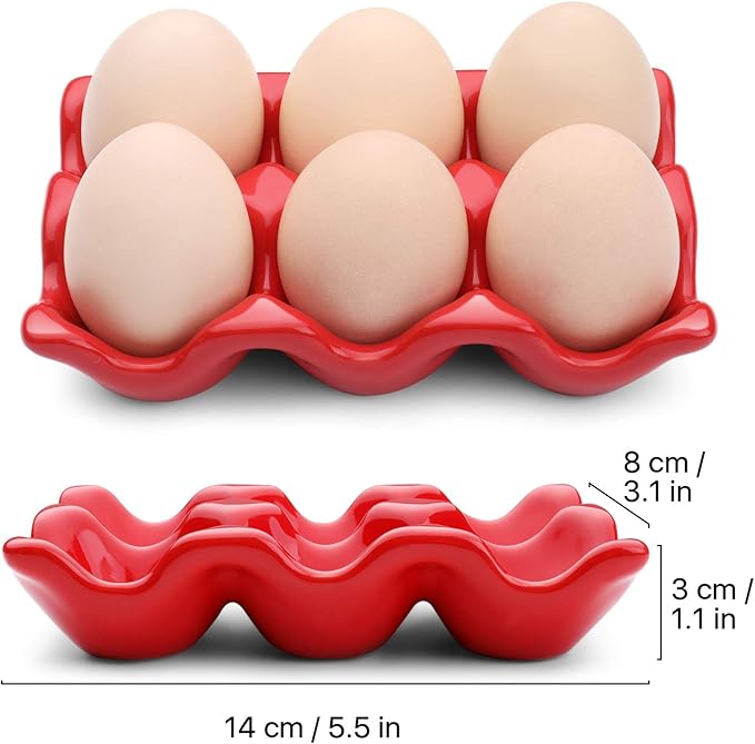 Flexzion Ceramic Egg Tray - 6 Egg Capacity Half Dozen Holder, Red Decorative Serving Dish and Storage Organizer, 2 Pack
