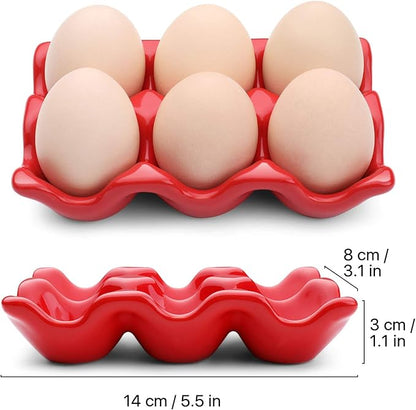 Flexzion Ceramic Egg Tray - 6 Egg Capacity Half Dozen Holder, Red Decorative Serving Dish and Storage Organizer, 2 Pack