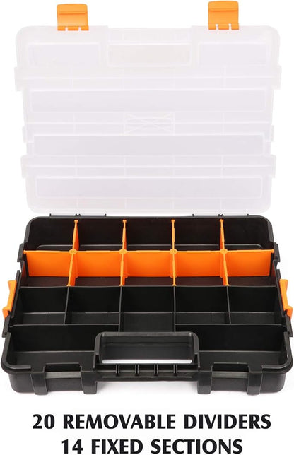 MIXPOWER 15-inch 2pcs Toolbox Organizer Sets, 20 Removable Dividers, Durable Plastic Box, Excellent for Screws, Nuts, Small Parts, 34-Compartment Black/Orange 2 Pieces Set