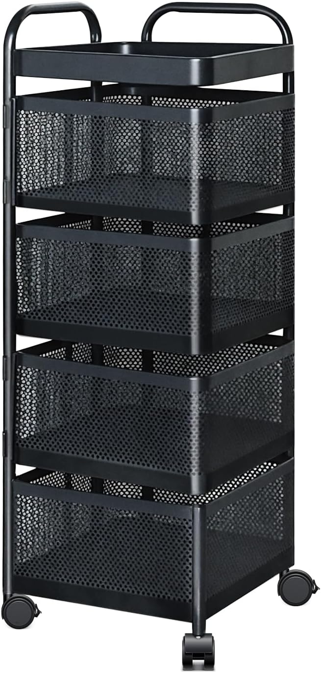 Rotating Kitchen Storage Rack, 4 Tier Rolling Cart with Fruit and Vegetable Basket, Black Storage Organization Dolly Cart with Wheels for Bathroom, Kitchen and Bedroom