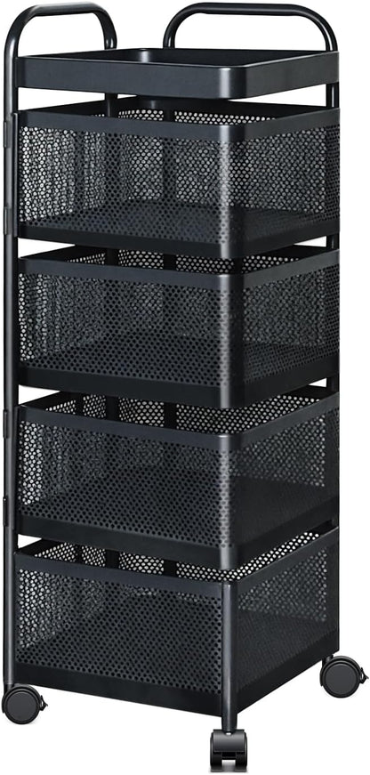 Rotating Kitchen Storage Rack, 4 Tier Rolling Cart with Fruit and Vegetable Basket, Black Storage Organization Dolly Cart with Wheels for Bathroom, Kitchen and Bedroom