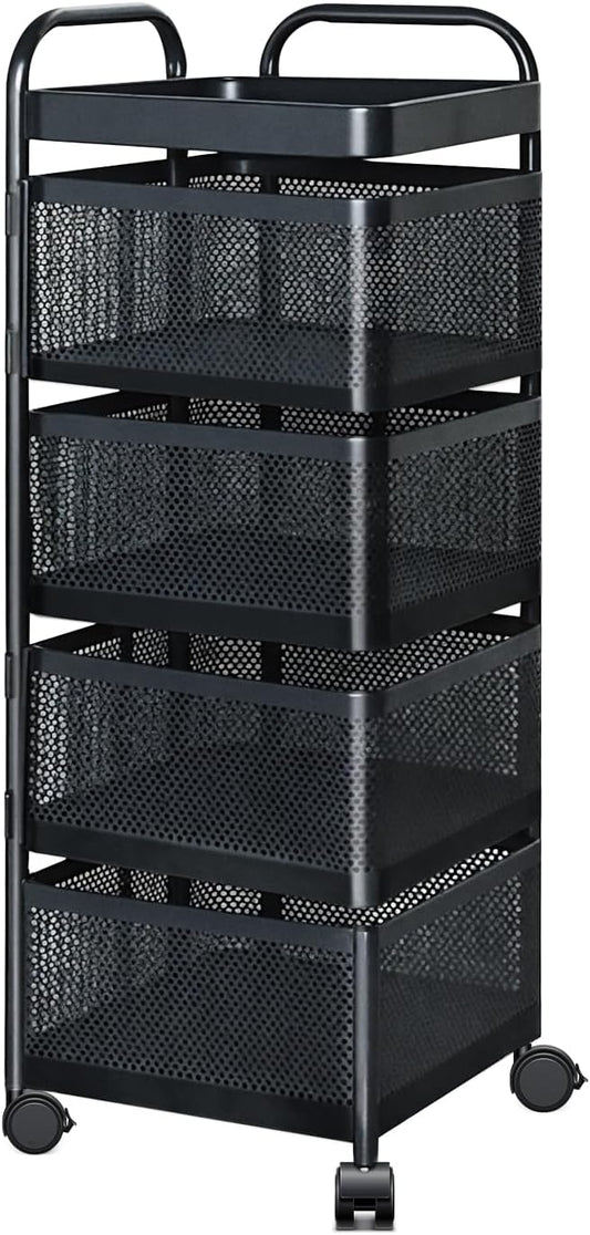 Rotating Kitchen Storage Rack, 4 Tier Rolling Cart with Fruit and Vegetable Basket, Black Storage Organization Dolly Cart with Wheels for Bathroom, Kitchen and Bedroom