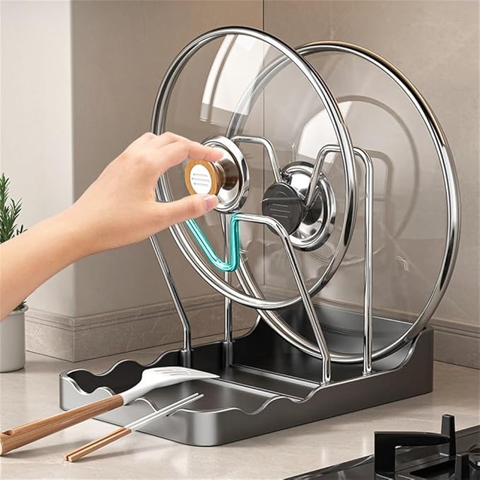 Kitchen Pot Lid Storage Rack, Pot and Pan Organizer with Removable Drip Tray,Detachable design,Suitable for Placing pot Lids, Spoons, Cutting Boards, etc (Gray, 2 stands)