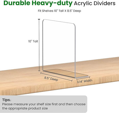 Shelf Dividers for Closet Organization: 10" Tall x 8.4" Deep Durable Clear Acrylic Divider Organizer for Shelves - 12 Pack Adjustable Shelving Separators for Clothing Purse