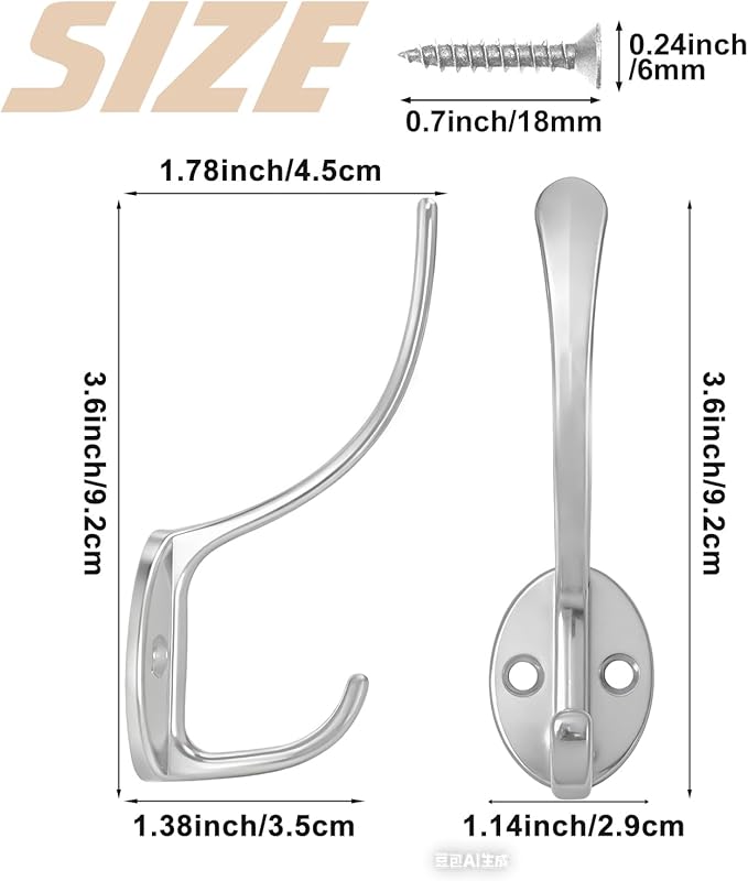 14 Pack Coat Hooks Wall Mounted with 28 Screws, Heavy Duty Silver Towel Hooks Metal Double Hooks, No Rust Retro Rustic Wall Hooks for Hanging Towel, Coat, Scarf, Bag, Hat, Cup, Key