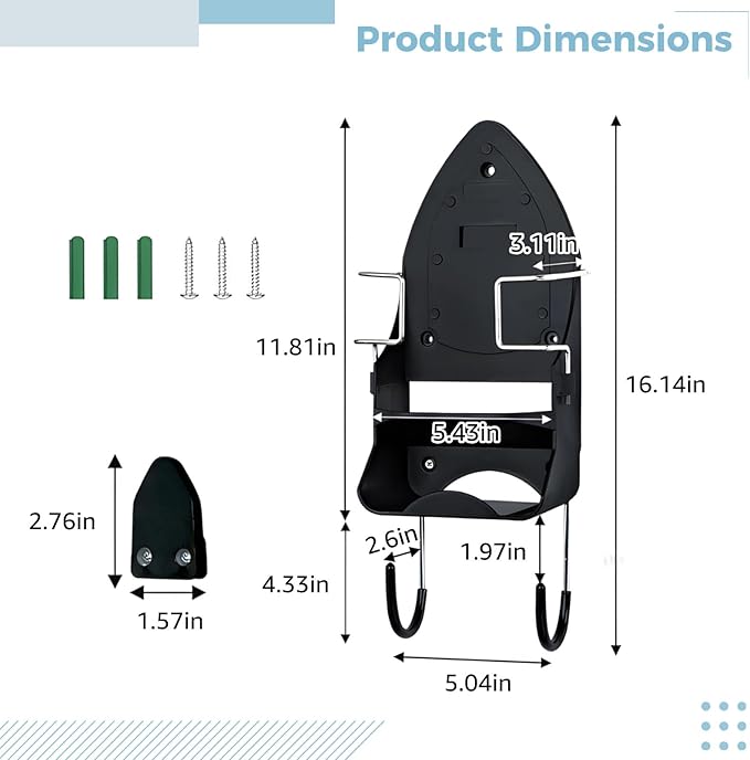 Space-Saving Wall-Mount Iron and Ironing Board Holder with Hooks for Laundry and Hotel Rooms