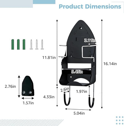 Space-Saving Wall-Mount Iron and Ironing Board Holder with Hooks for Laundry and Hotel Rooms