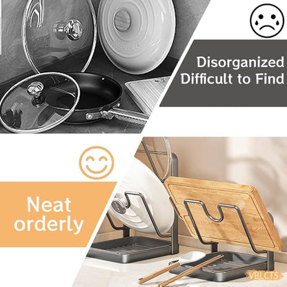 Kitchen Pot Lid Storage Rack, Multifunctional Stainless Steel Pot and Pan Organizer with Removable Drip Tray, Two-Compartment Spatula Holder for Counter Stove Top Kitchen Accessories(Gray,Double)